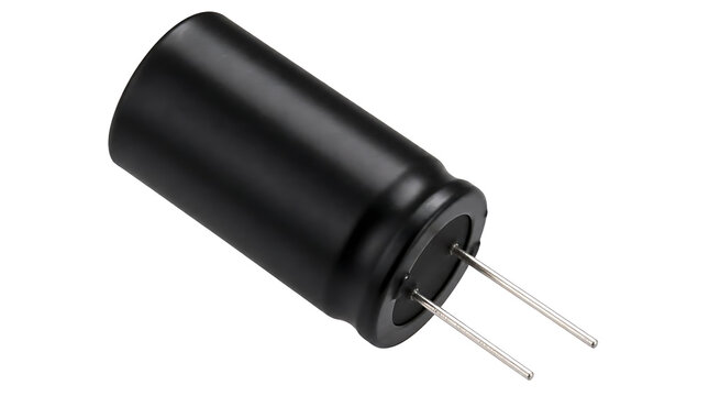 Black radial electrolytic capacitor with two metal leads.
