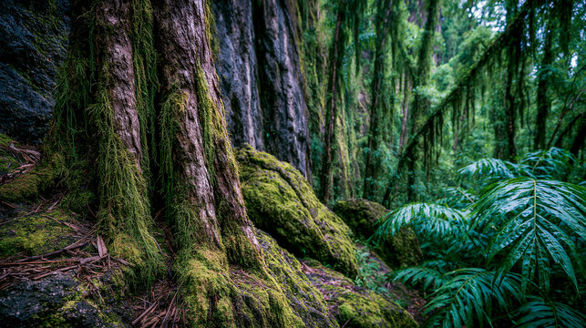 Old tree trunk covered in moss in a dense rainforest with rainforest wilderness woodland
