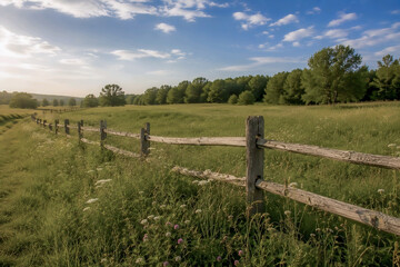 Fototapeta premium Rustic wooden fence stretching across a lush green meadow filled with wild grasses beneath a bright blue sky, creating a peaceful countryside landscape with natural charm.