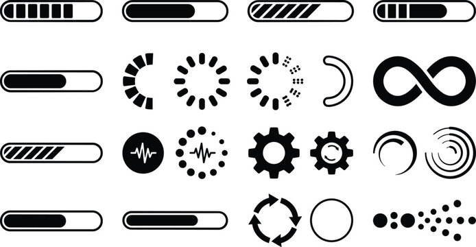 Loading Progress Bar Icon Set with Circular Buffering Spinners System Status Indicators Infinity Loops and Processing Gears for Interface Design Web Layouts