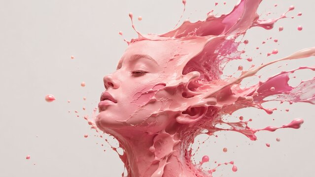 Surreal Pink Liquid Portrait of Human Face with Dynamic Paint Splash in Minimalist Contemporary Art Style