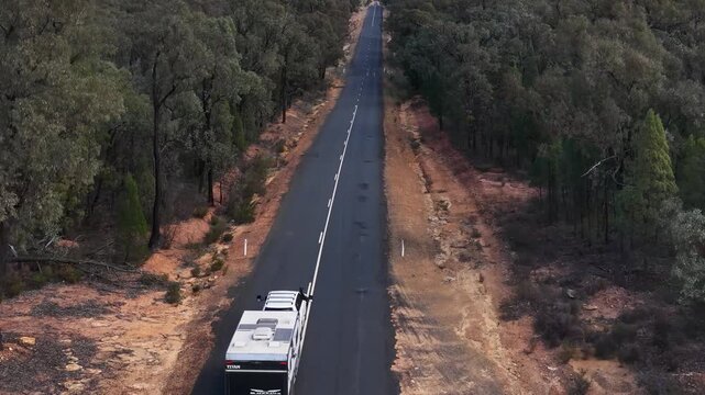 Aerial View of a Caravan Driving Through Australian Outback Forest