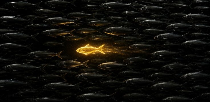 A single glowing golden fish swimming opposite to a school of dark fish, elevating Opposite Day into a powerful metaphor for market disruption.