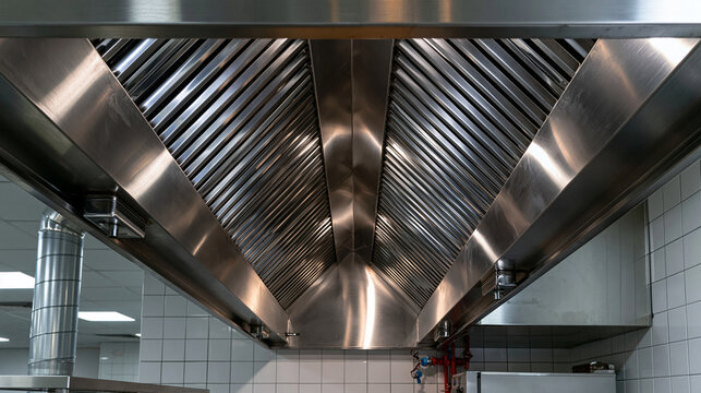 Industrial stainless steel commercial kitchen hood ventilation system with baffle filters. Ideal for restaurant safety and food service equipment concepts.