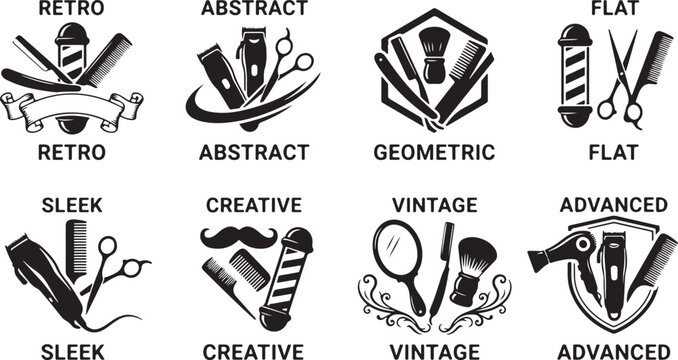 Set of eight professional barber shop logo emblems with hair cutting tools and equipment