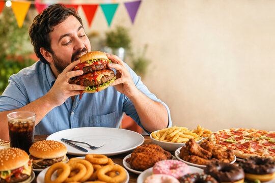 Man with oversized burger and fast food spread, gluttony and excess concept.