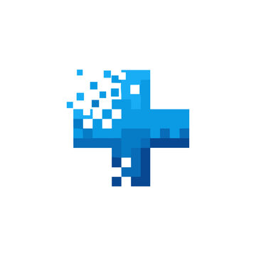 Blue pixelated medical cross symbol.