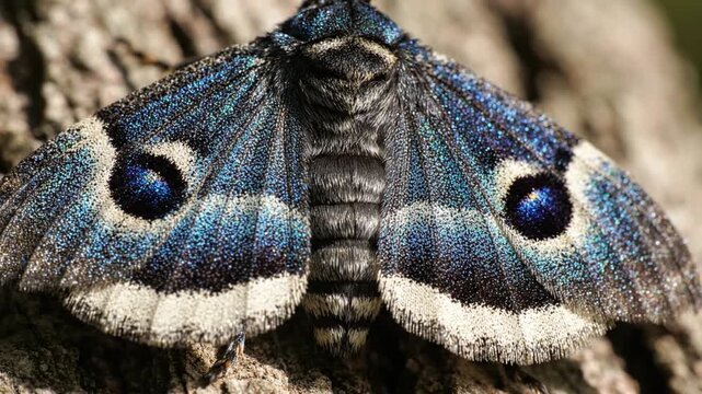 Dramatic Blue Moth With Eye-Spot Wing Pattern Resting On Tree Bark, Detailed Macro View
