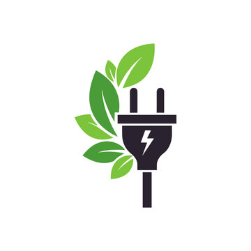 Eco power plug with green leaves logo.