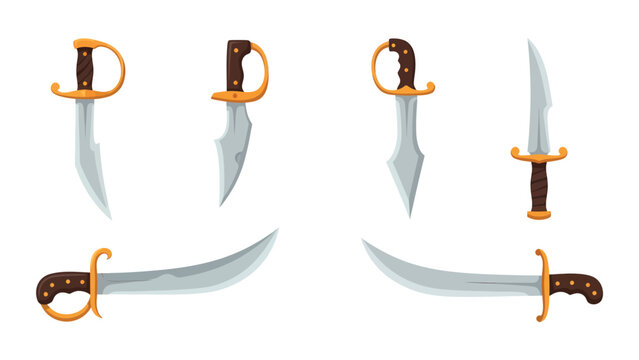 Collection of various cartoon pirate swords and daggers, vector illustration set isolated on white background.