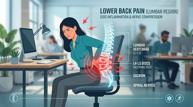 Medical Illustration of a Woman with Lower Back Pain and Spine Diagram