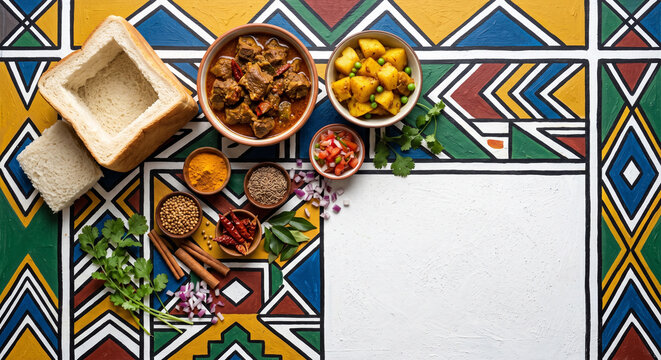 Hyper-realistic top down view of Bunny Chow curry bread ingredients on Ndebele pattern