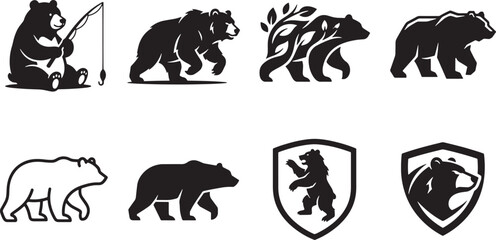 Fototapeta premium Black bear walking and sitting vector illustrations set