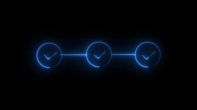 neon 3 step infographic process with check mark icon. infographic step by step process icon animation on black background, step process success with check marks.