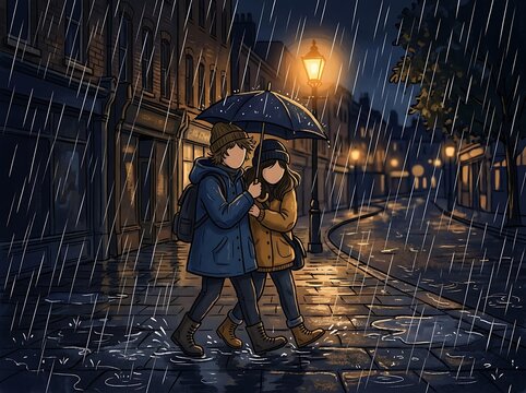Two Friends Sharing Umbrella in Rain &ndash; Friendship Concept Illustration