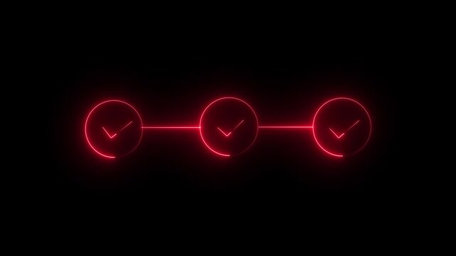 neon 3 step infographic process with check mark icon. infographic step by step process icon animation on black background, step process success with check marks.
