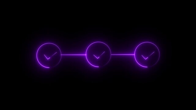 neon 3 step infographic process with check mark icon. infographic step by step process icon animation on black background, step process success with check marks.
