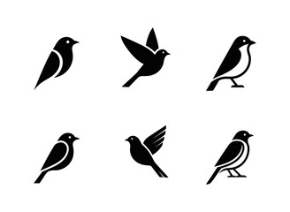 Fototapeta premium Minimalist black bird silhouette icons in flight and perched.