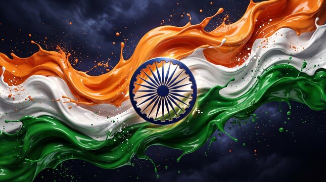 Indian flag concept with abstract liquid paint splash and ashoka chakra