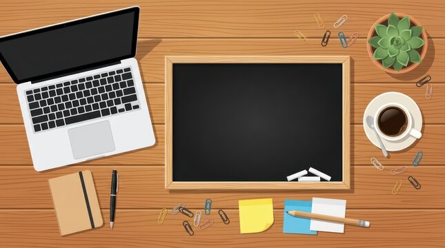 Flat lay workspace with laptop chalkboard coffee and office supplies