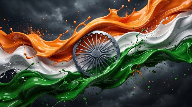 Indian flag concept with abstract liquid paint splash and ashoka chakra