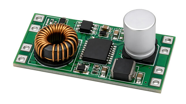 Green circuit board with inductor coil and components.