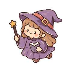 Little wizard with wand and spell book