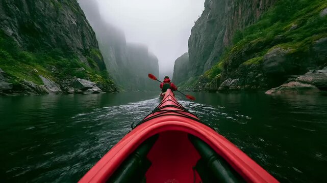 A vivid, actionpacked photograph captures a kayaker paddling through a narrow, rugged canyon. The kayaker, wearing a bright red life jacket, paddles through the calm waters. The canyon walls are.