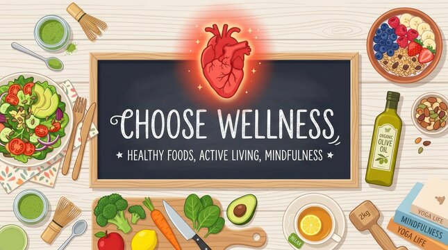 Wellness Concept Illustration with Healthy Foods and Heart Health Message