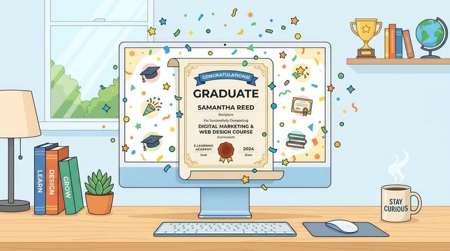 Online graduation certificate on computer screen with confetti