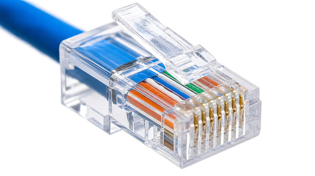 Close up of a blue ethernet cable connector.