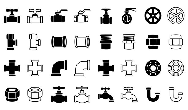 Plumbing Valve and Pipe Fitting Icon Set with Black Silhouette and Outline Vector Collection
