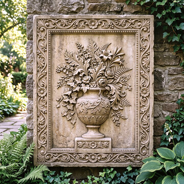 stone decorative plaque featuring a relief carving of a classical vase overflowing with flowers and ivy
