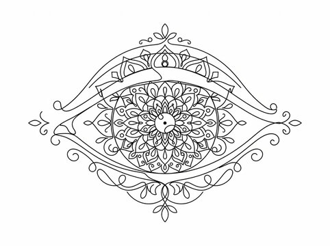Intricate mandala eye design with ornate filigree, symbolizing vision and spirituality in a minimalist black and white graphic.