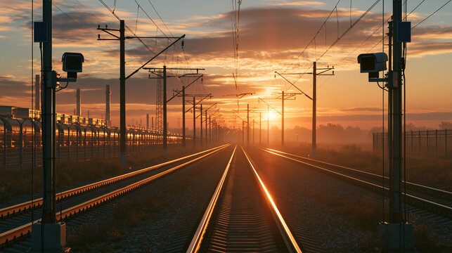 A serene railway track stretches into the glowing sunset with industrial electric poles. Perfect concept for travel logistics and journey themes.