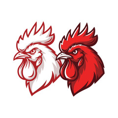 Stylized white and red rooster heads facing left. © SatoruArt