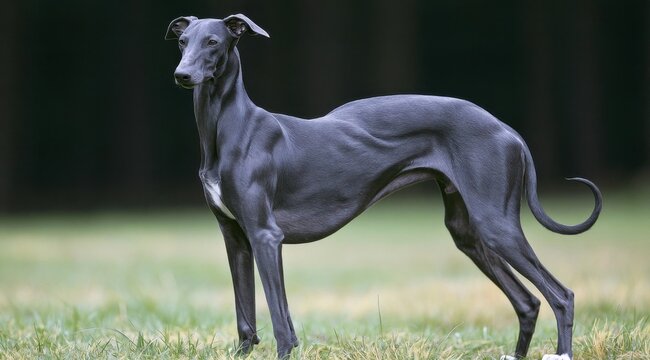 Sleek greyhound with smooth charcoal grey coat standing in grass