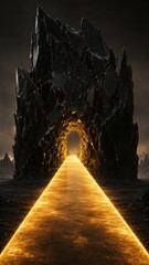 Obraz premium A glowing golden bridge piercing through a dark, jagged stone wall, a premium corporate metaphor for Disability Pride Month and accessibility.