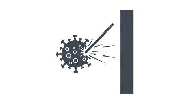 Stylized spiked virus particle being struck through by a diagonal line or bouncing off a solid vertical wall, action-oriented defense icon, minimalist flat vector artwork, clipart style,