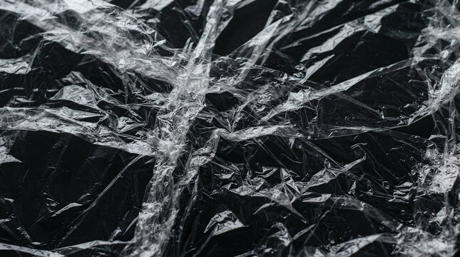 Crumpled Plastic Wrap Texture Overlay with Wrinkles on Black Background