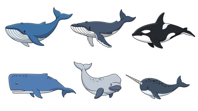 Set of various whale species, including blue whale, humpback whale, orca, sperm whale, beluga whale, and narwhal, in a cartoon style illustration.