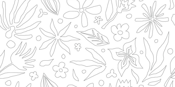 Pencil drawing of leaves and flowers, seamless pattern, vector floral background