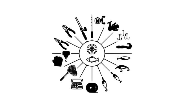 Minimal Fishing Equipment Outline Icon Set with Rod Reel Hook and Tackle Accessories