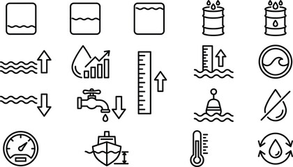 Water Level and Liquid Management Line Icon Set Featuring Oil Barrels Measurement Gauges Sea Level Changes and Conservation Symbols for Apps and Designs © Faima