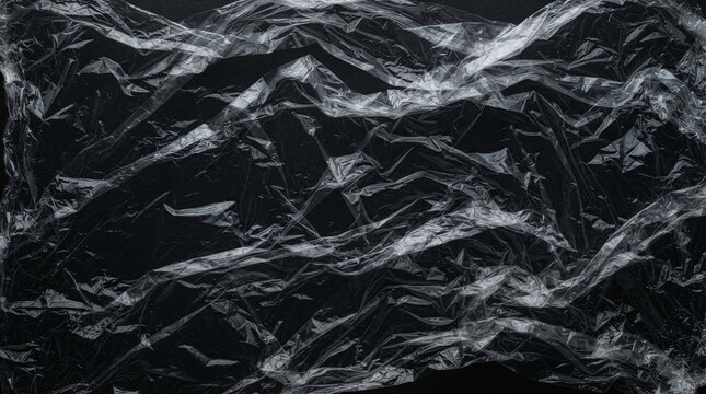 Crumpled Plastic Wrap Texture Overlay with Wrinkles on Black Background