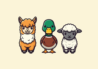 Fototapeta premium Cute cartoon alpaca duck and sheep characters together