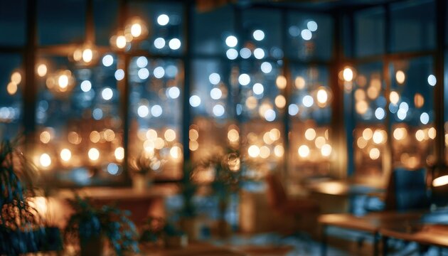 Blurred restaurant interior with hanging edison bulbs creating bokeh