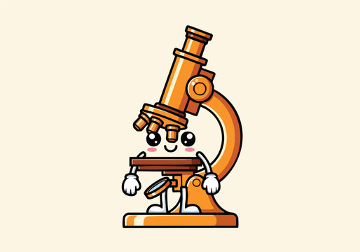 Cute cartoon microscope with smiling face and arms