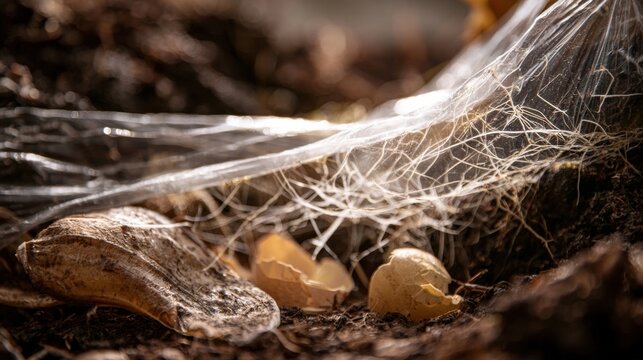 Close-up view of compost decomposition with seeds, soil, and fine white fungal mycelium