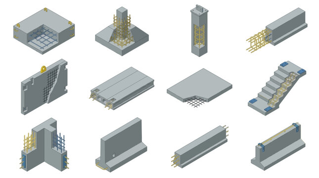 Isometric collection of industrial metal structures and parts.